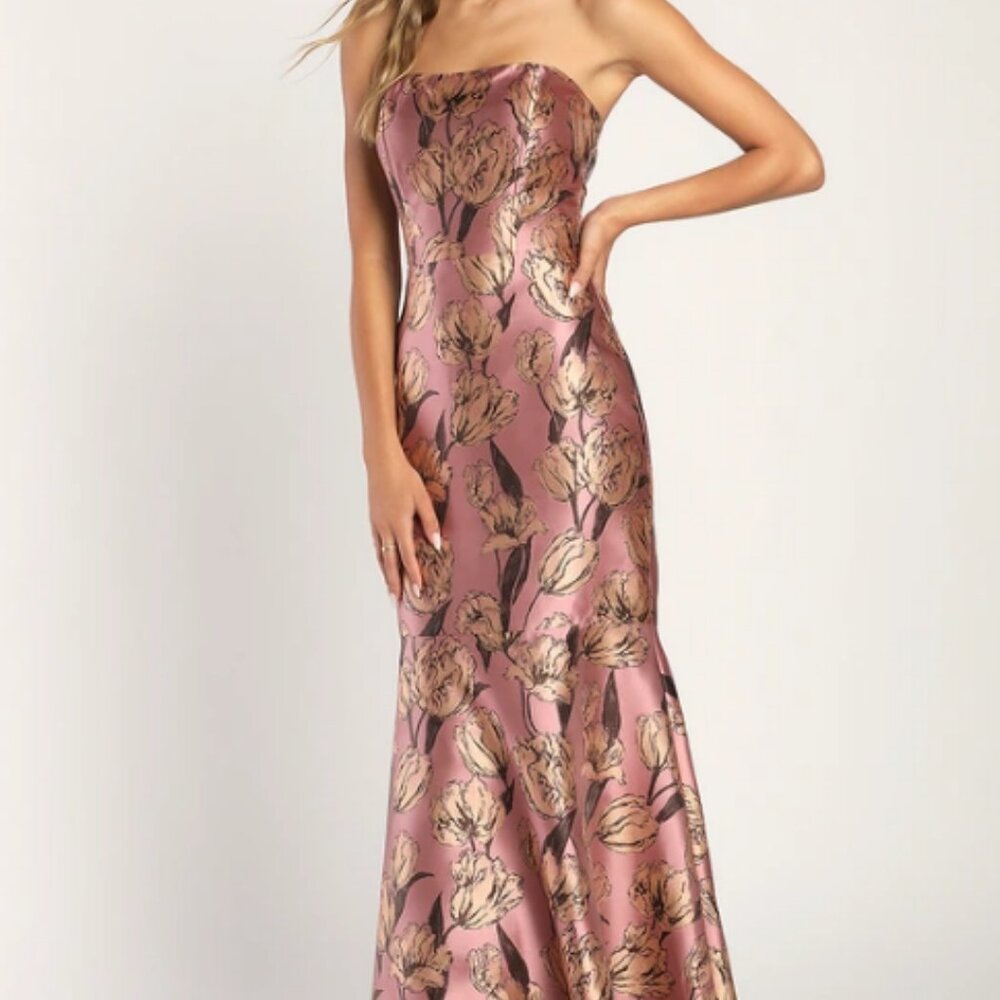 NWT Lulus Gowning Around Mauve Floral Jacquard Strapless Maxi Dress Size L
